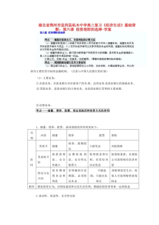 湖北省荆州市监利县柘木中学高三政治《经济生活》基础背默 第六课 投资理财的选择复习学案 新人教版
