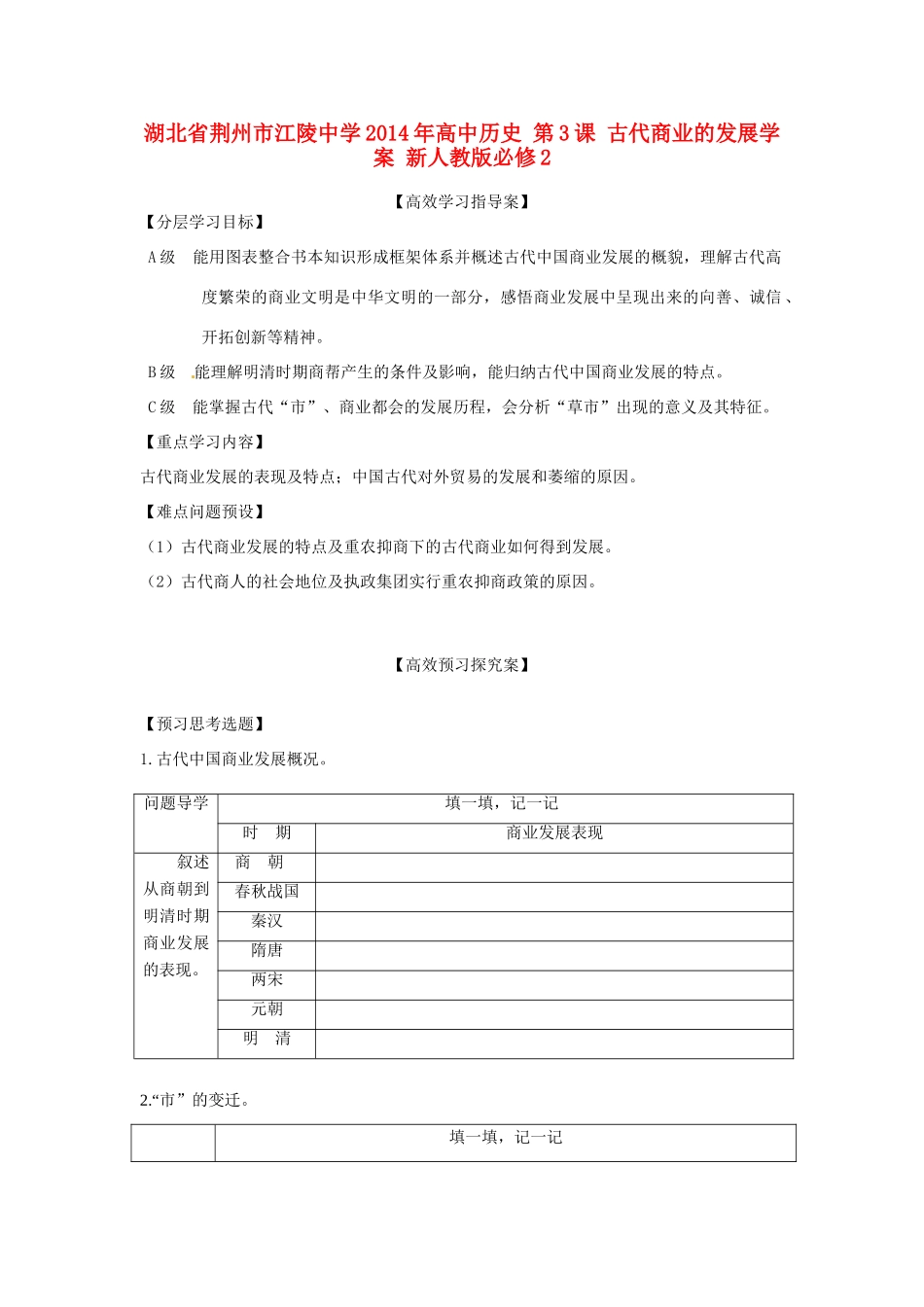 湖北省荆州市江陵中学2014年高中历史 第3课 古代商业的发展学案 新人教版必修2_第1页