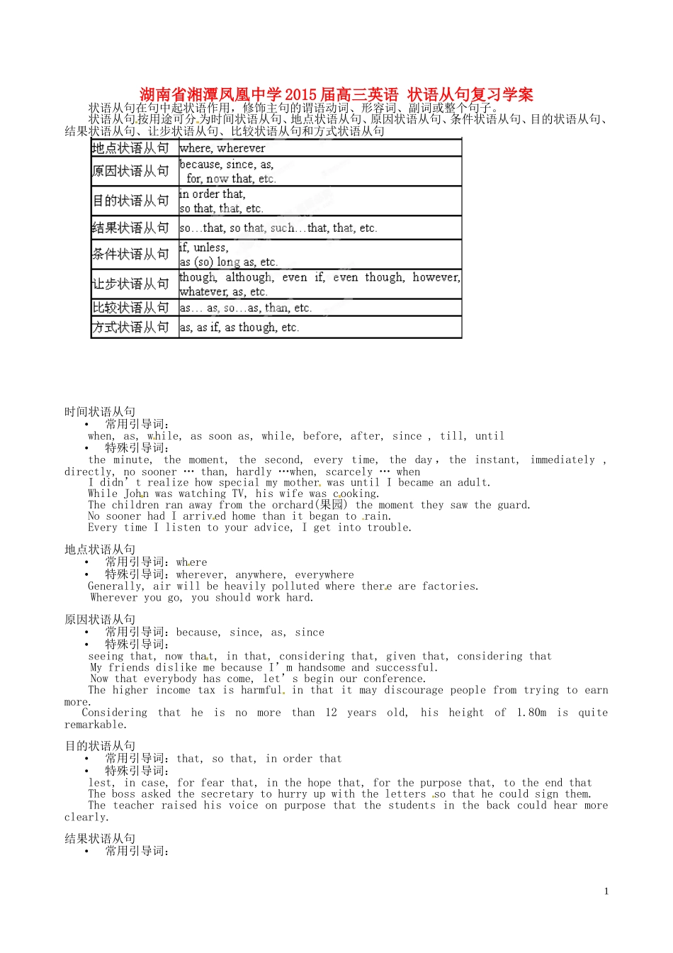 湖南省湘潭凤凰中学2015届高三英语 状语从句复习学案_第1页