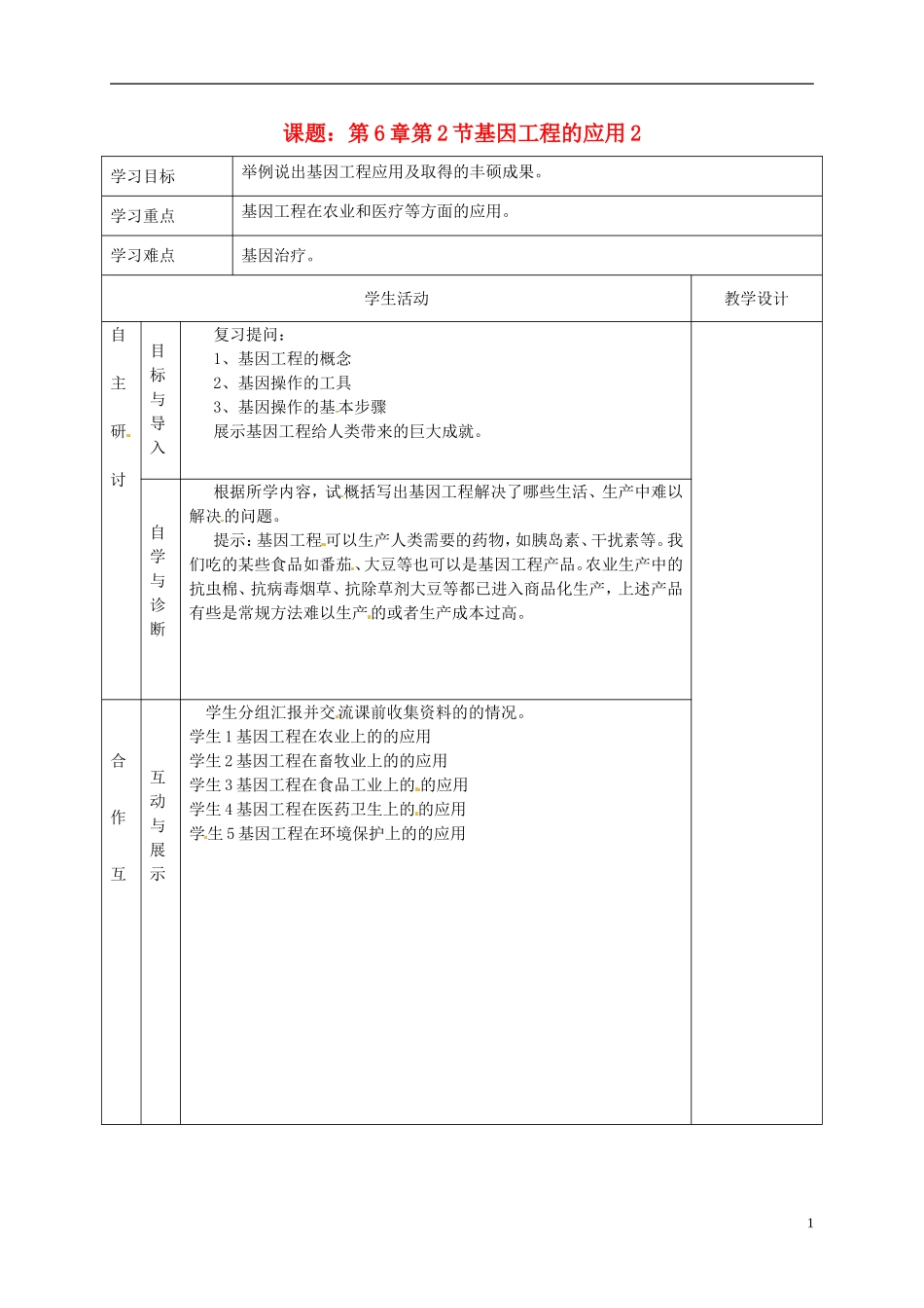 湖北省荆州市沙市第五中学2014高中生物 6.2.2 基因工程及其应用（一）导学案1 新人教版必修2_第1页