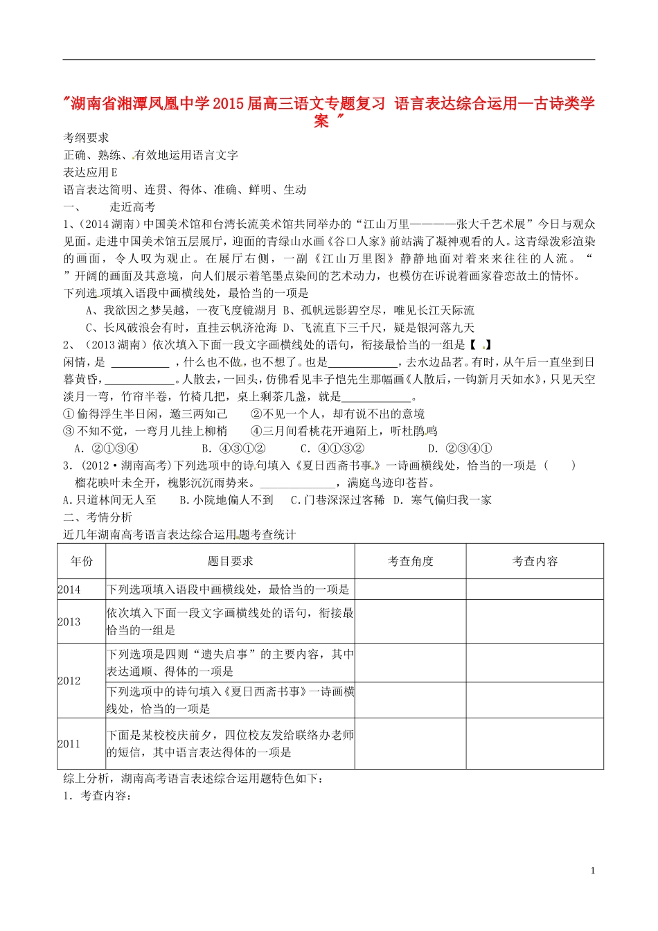湖南省湘潭凤凰中学2015届高三语文专题复习 语言表达综合运用—古诗类学案 _第1页