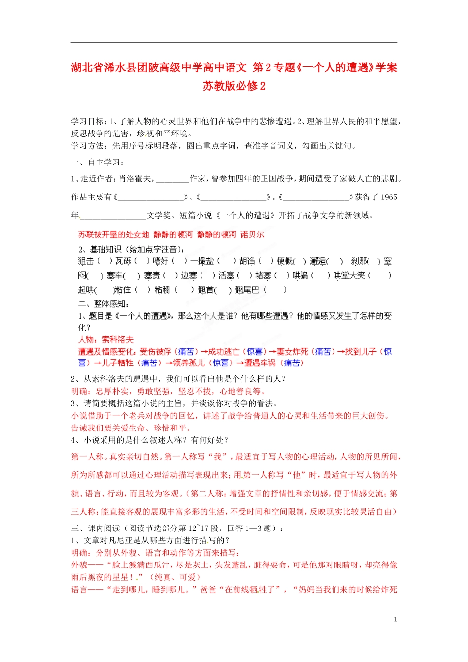 湖北省浠水县团陂高级中学高中语文 第2专题《一个人的遭遇》学案 苏教版必修2_第1页