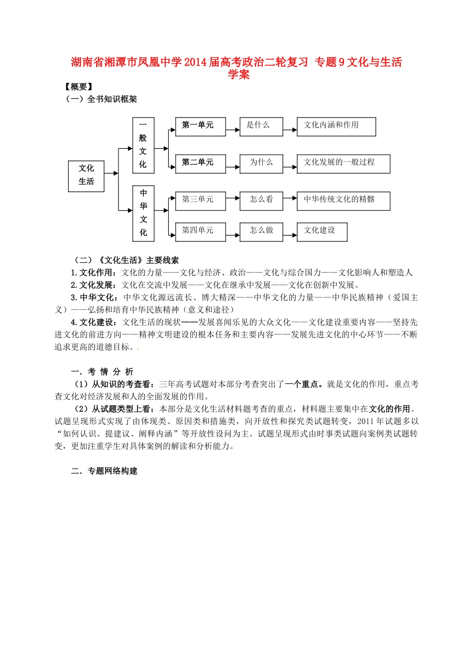 湖南省湘潭市凤凰中学2014届高考政治二轮复习 专题9 文化与生活学案_第1页