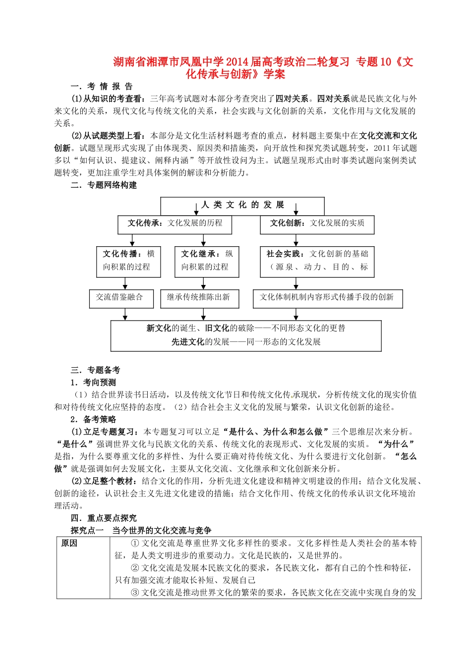 湖南省湘潭市凤凰中学2014届高考政治二轮复习 专题10 文化传承与创新学案_第1页