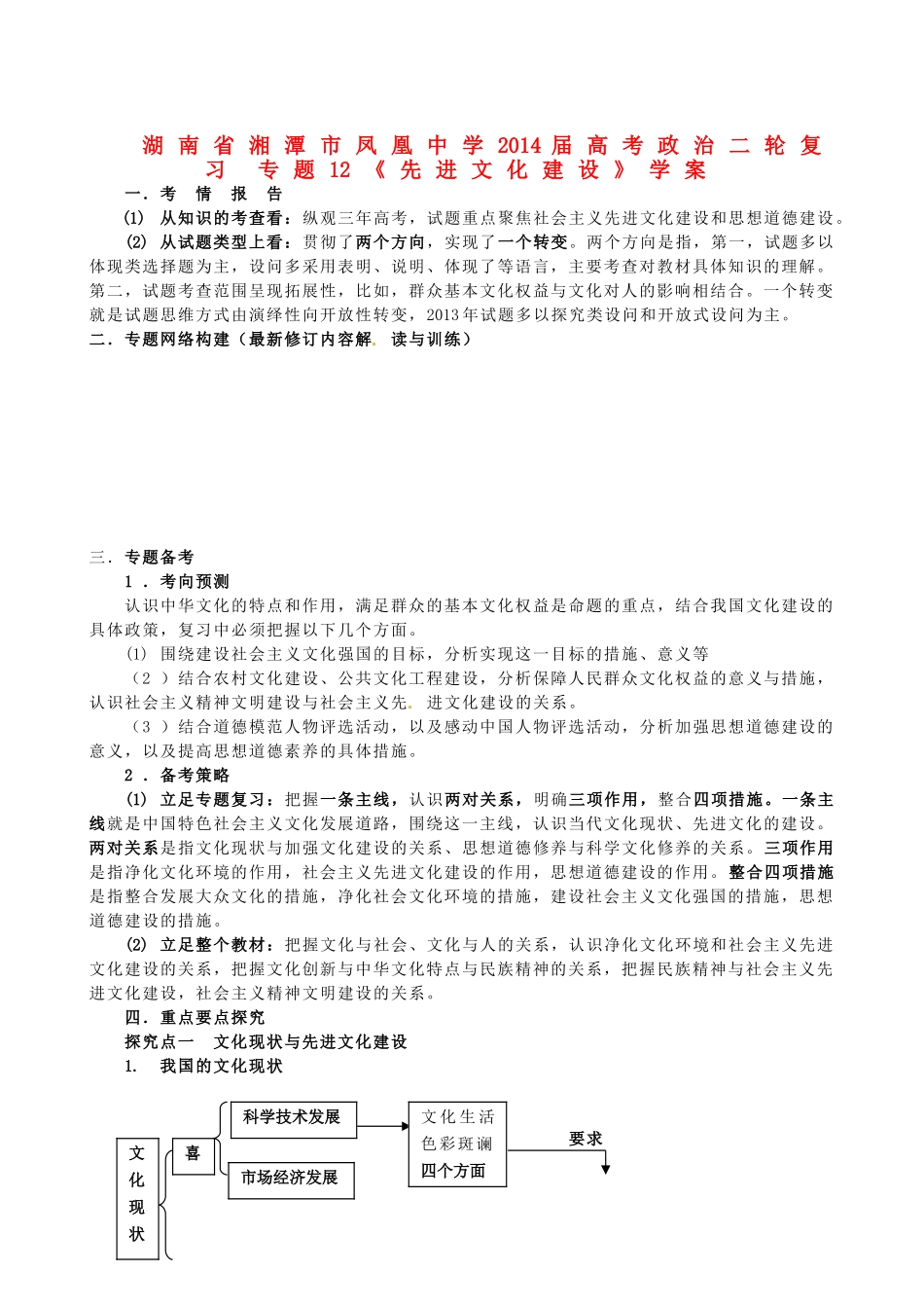 湖南省湘潭市凤凰中学2014届高考政治二轮复习 专题12 先进文化建设学案_第1页