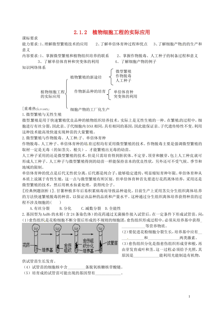 湖北省浠水县洗马高级中学2013年高中生物《212 植物细胞工程的实际应用》导学案 新人教版选修3_第1页