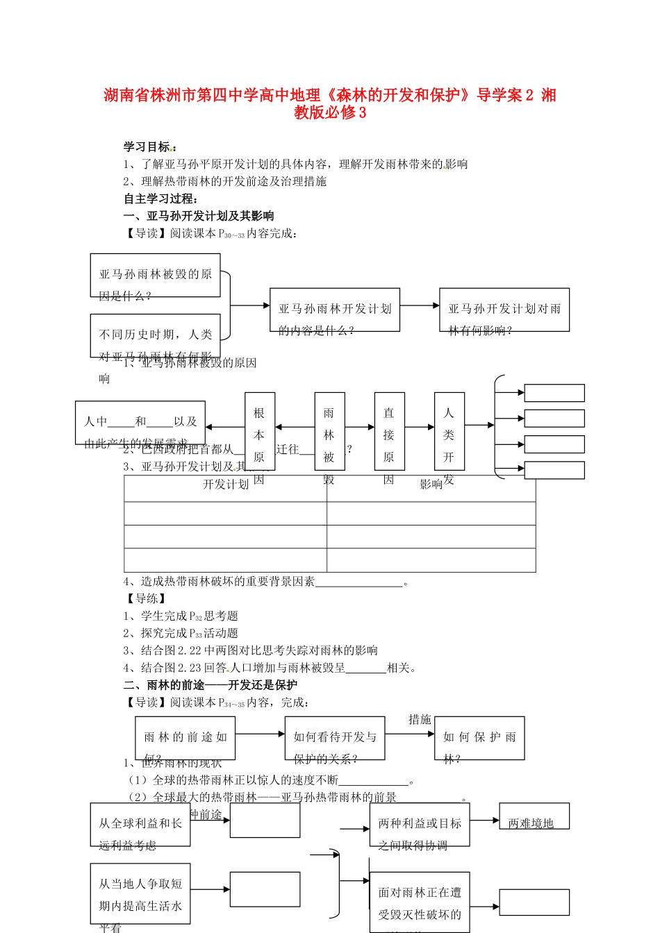 湖南省株洲市第四中学高中地理《森林的开发和保护》导学案2 湘教版必修3_第1页