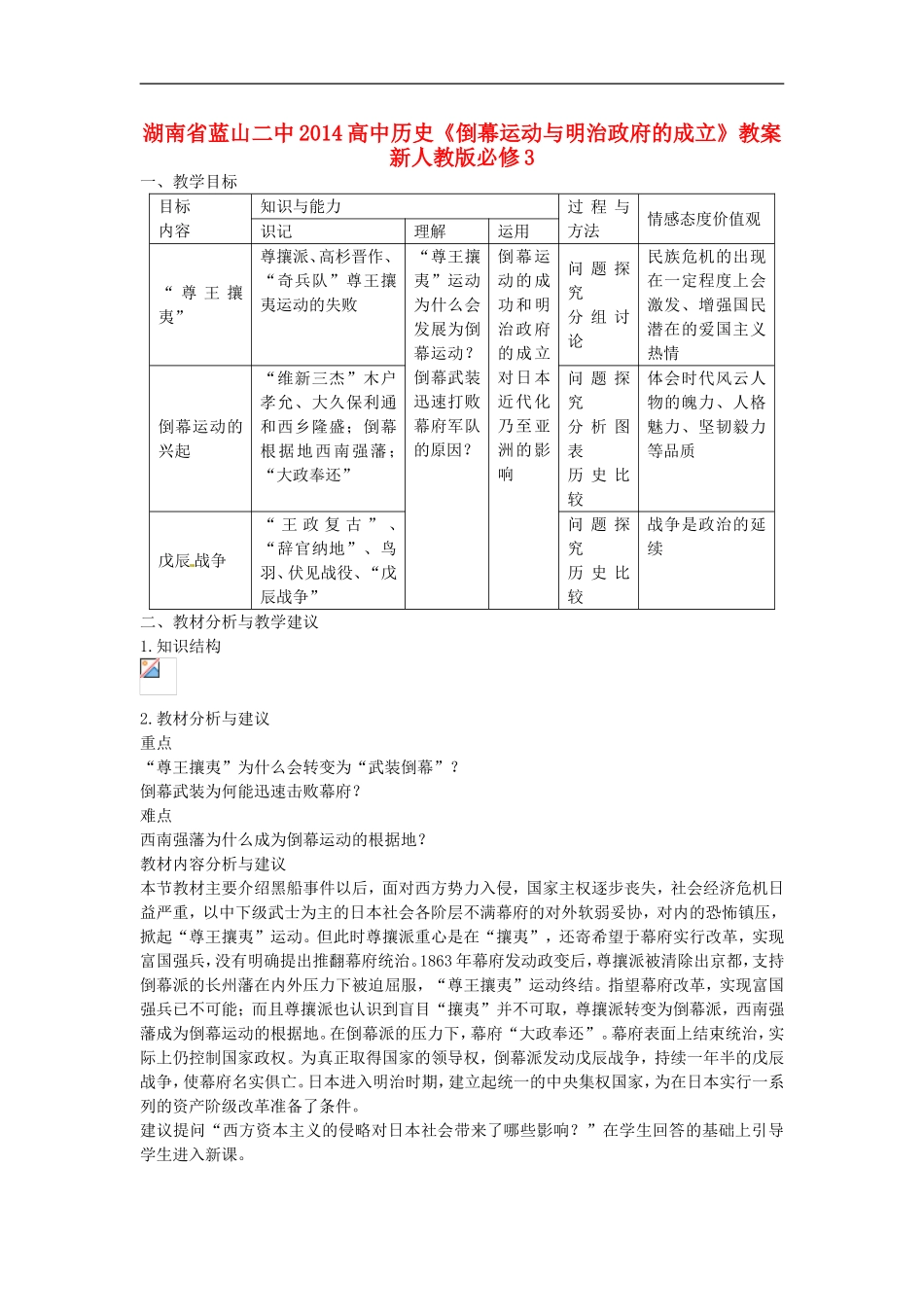 湖南省蓝山二中2014高中历史《倒幕运动与明治政府的成立》教案 新人教版必修3_第1页