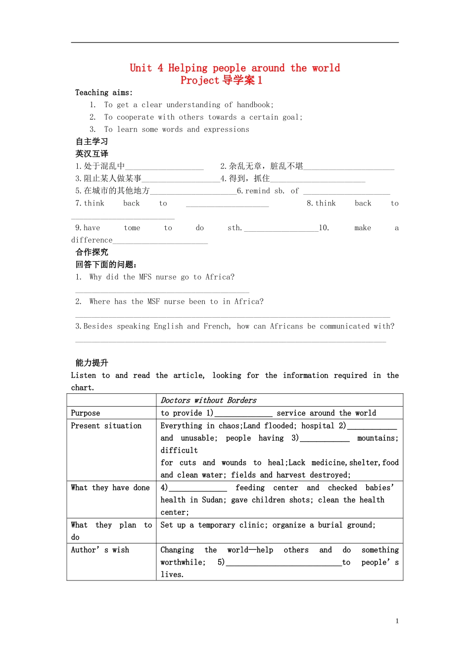 湖南省衡南县第九中学高中英语《Unit 4 Helping people around the world》导学案 牛津版选修6_第1页