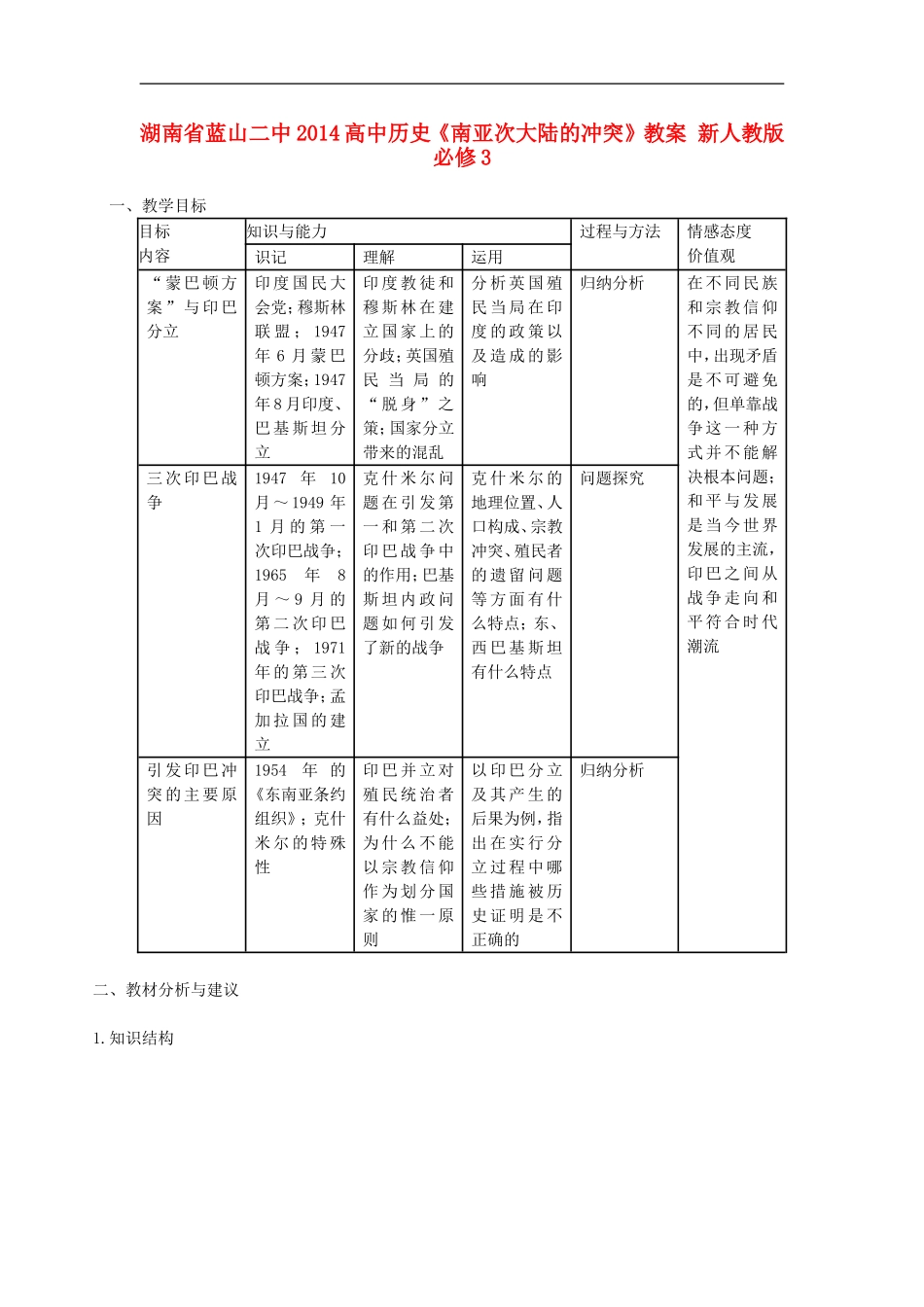 湖南省蓝山二中2014高中历史《南亚次大陆的冲突》教案 新人教版必修3_第1页