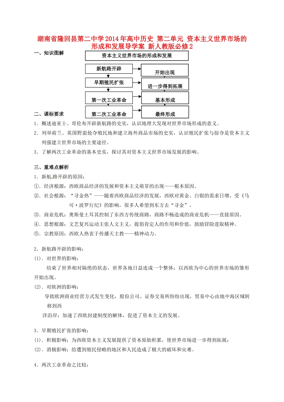 湖南省隆回县第二中学2014年高中历史 第二单元 资本主义世界市场的形成和发展导学案 新人教版必修2_第1页