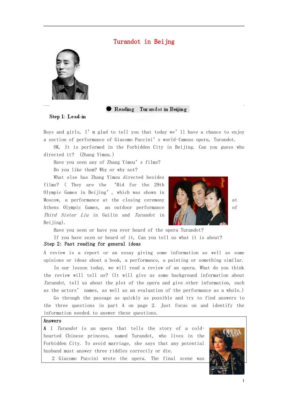 湖南省蓝山二中2014年高中英语 Unit2 Reading Turandot in Beijng学案 牛津译林版选修8_第1页