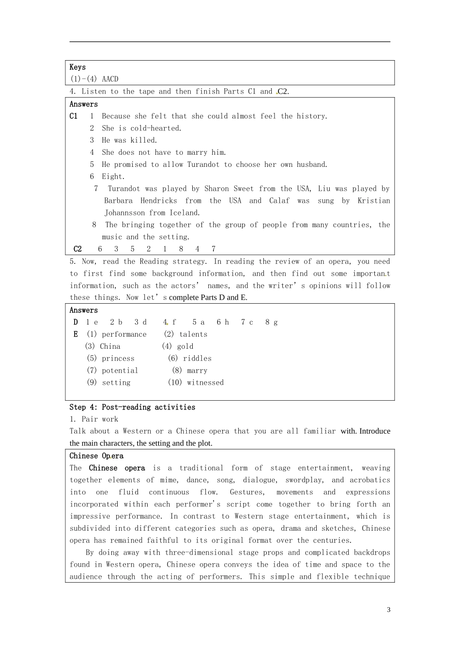 湖南省蓝山二中2014年高中英语 Unit2 Reading Turandot in Beijng学案 牛津译林版选修8_第3页