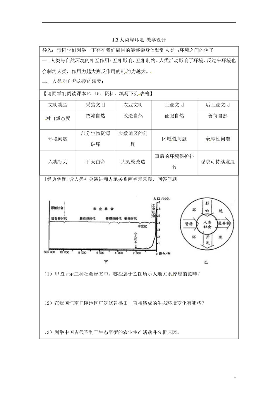 湖南省隆回县万和实验学校2014高中地理 1.3 人类与环境教案 湘教版选修6_第1页