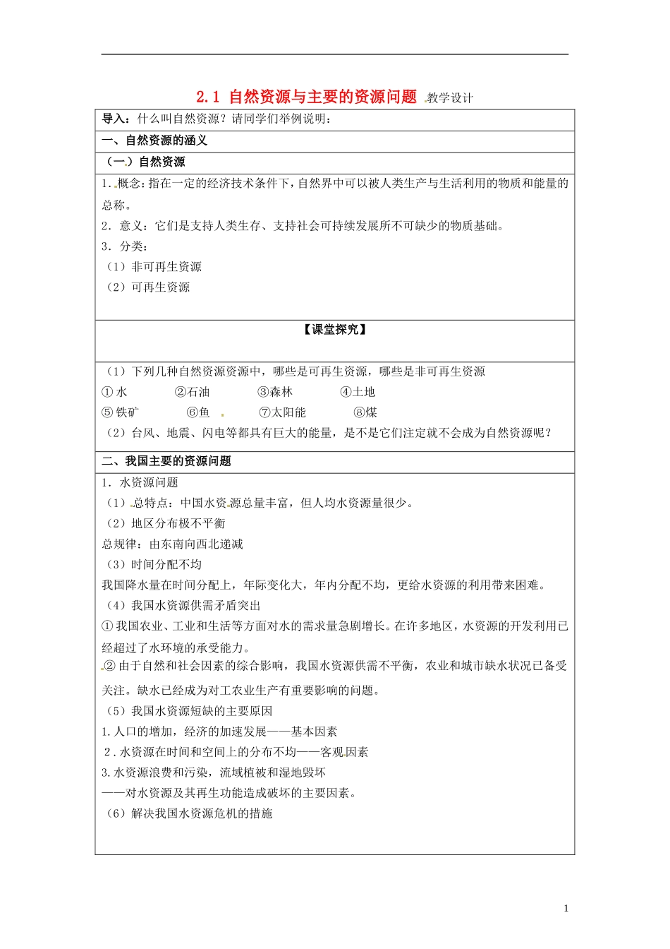 湖南省隆回县万和实验学校2014高中地理 2.1 自然资源与主要的资源问题教案 湘教版选修6_第1页