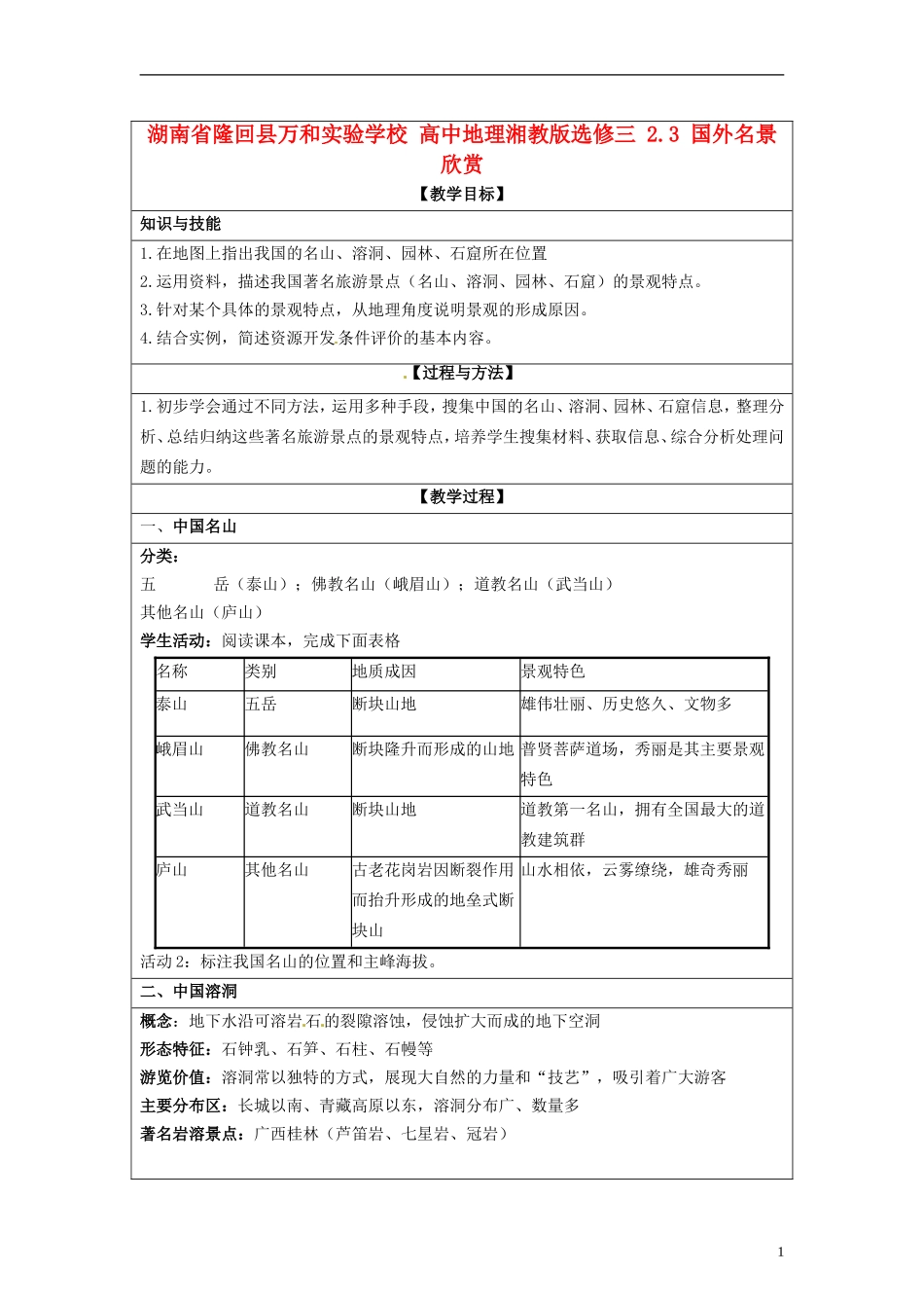 湖南省隆回县万和实验学校2014高中地理 2.3 国外名景欣赏教案 湘教版选修3_第1页