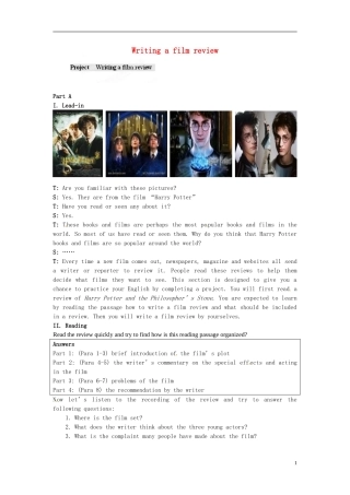 湖南省蓝山二中2014年高中英语 Unit4 Project Writing a film review学案 牛津译林版选修8