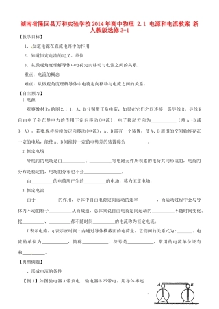 湖南省隆回县万和实验学校2014年高中物理 2.1 电源和电流教案 新人教版选修3-1