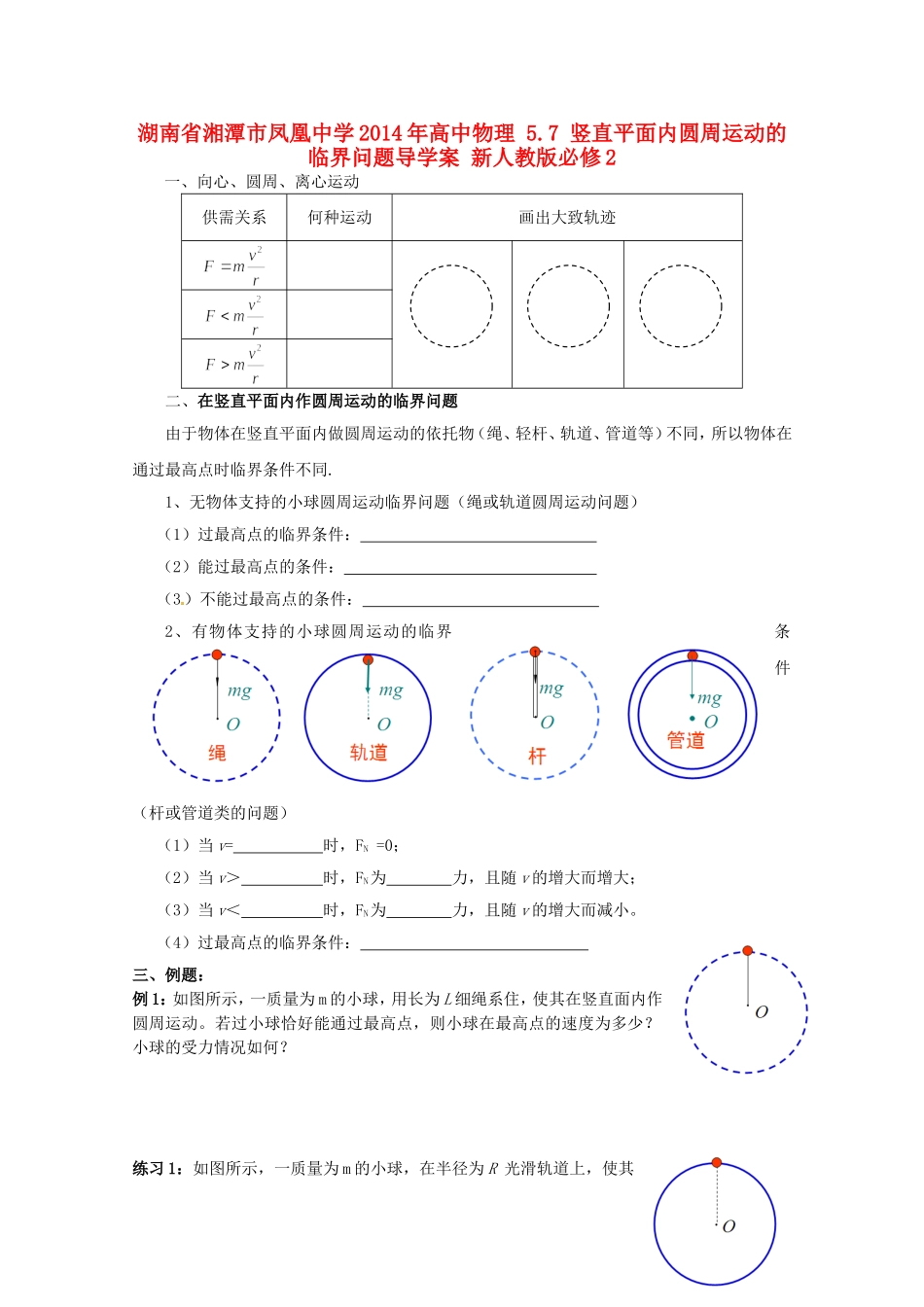 湖南省湘潭市凤凰中学2014年高中物理 5.7 竖直平面内圆周运动的临界问题导学案 新人教版必修2_第1页