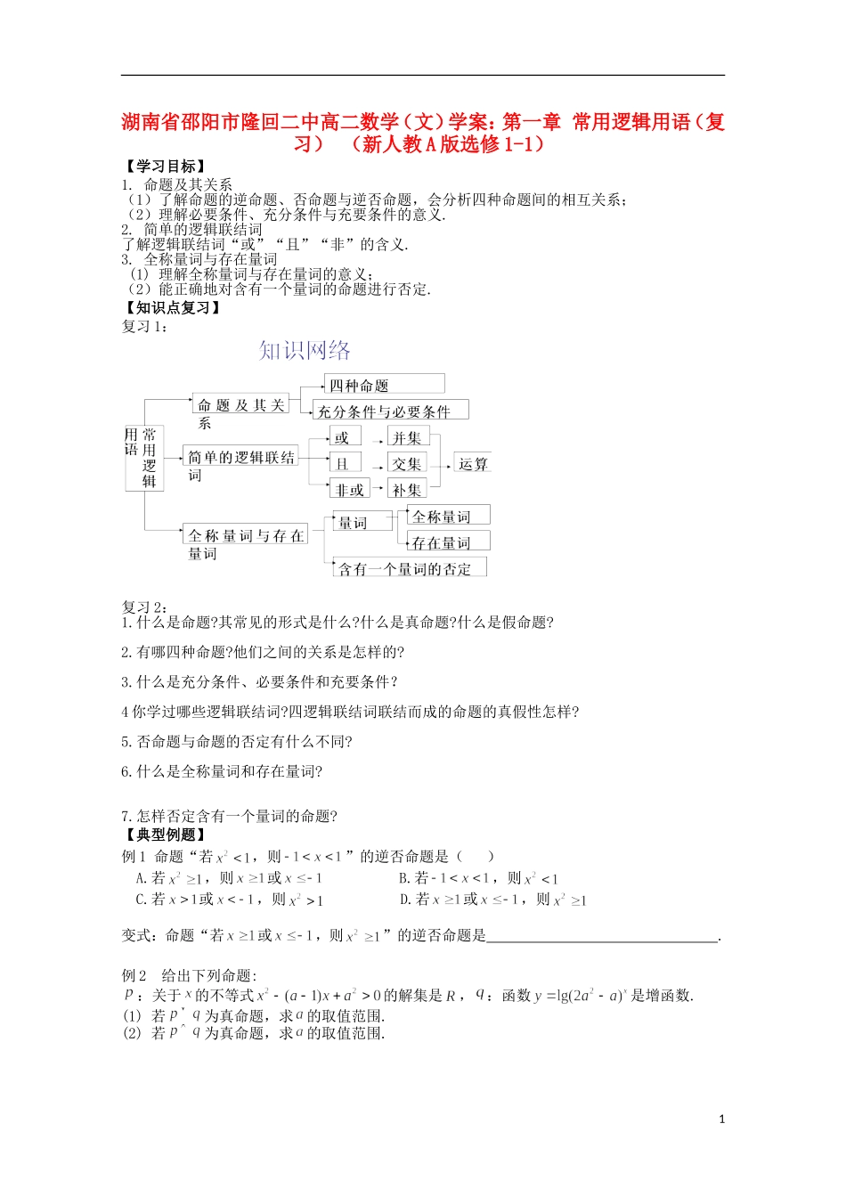 湖南省邵阳市隆回二中高中数学 第一章 常用逻辑用语（复习）学案 文 新人教A版选修1-1_第1页