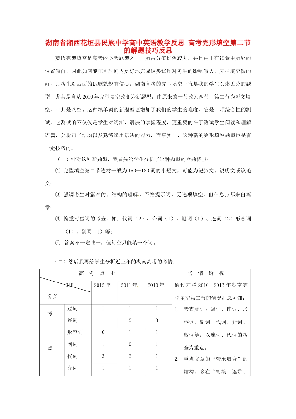 湖南省湘西花垣县民族中学高中英语教学反思 高考完形填空第二节的解题技巧反思_第1页