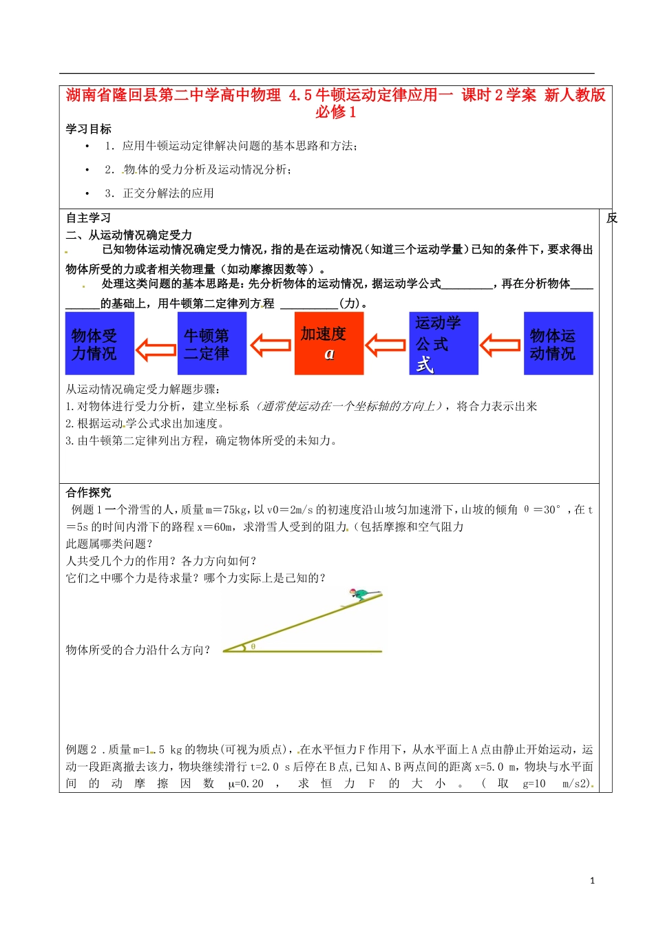 湖南省隆回县第二中学高中物理 4.5牛顿运动定律应用一 课时2学案 新人教版必修1_第1页