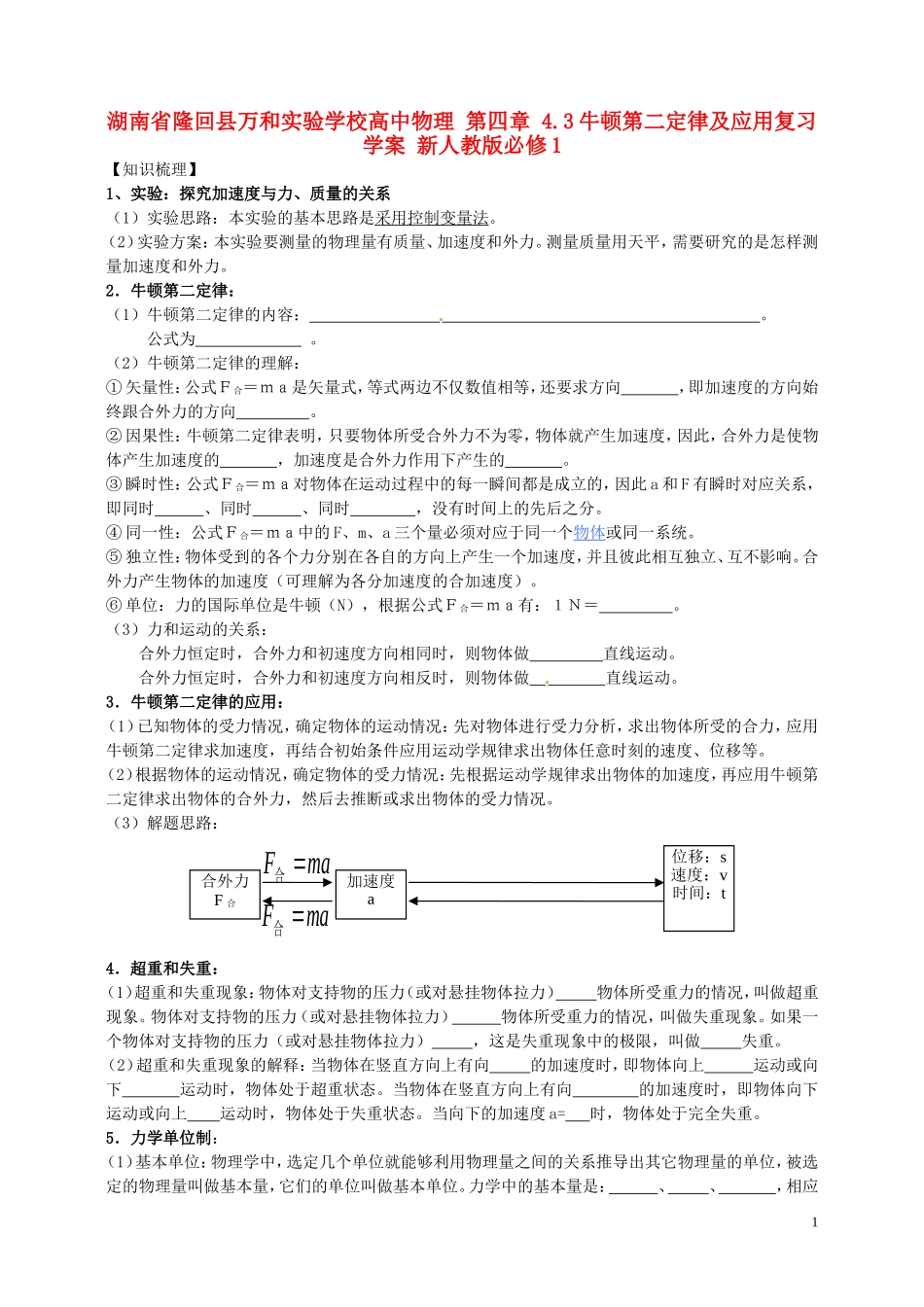 湖南省隆回县万和实验学校高中物理 第四章 4.3牛顿第二定律及应用复习学案 新人教版必修1_第1页