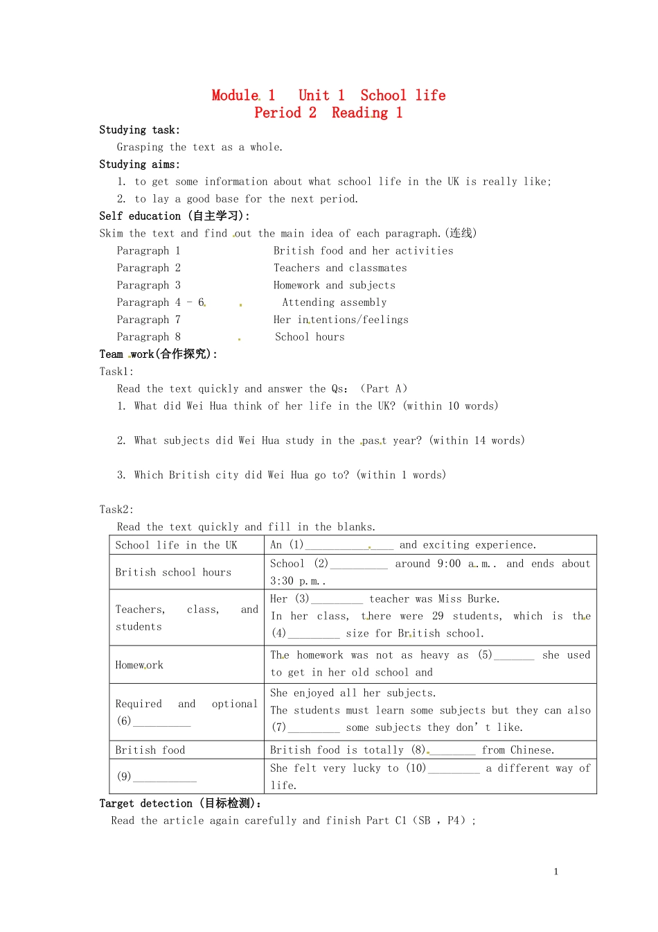 湖南省隆回县第二中学高中英语 Module 1 Unit1 School Life Period2导学案 牛津译林版必修1_第1页