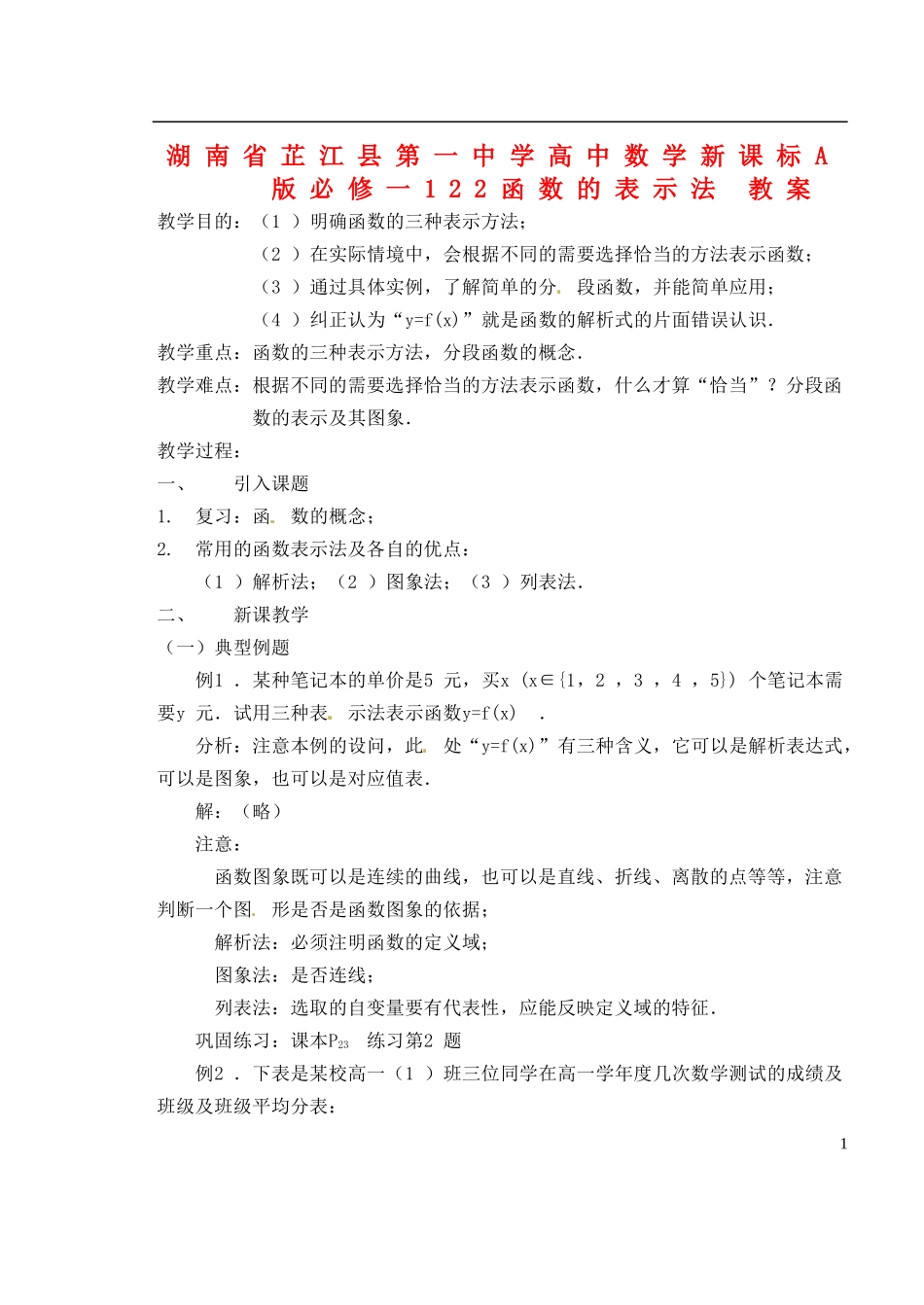 湖南省芷江县第一中学2014高中数学 1 2 2 函数的表示法教案 新人教A版必修1_第1页