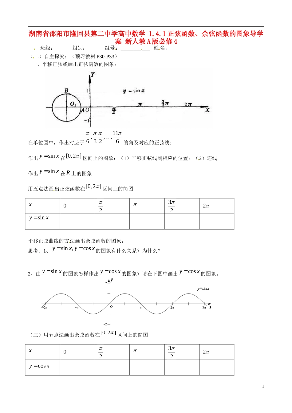 湖南省邵阳市隆回县第二中学高中数学 1.4.1正弦函数、余弦函数的图象导学案 新人教A版必修4_第1页