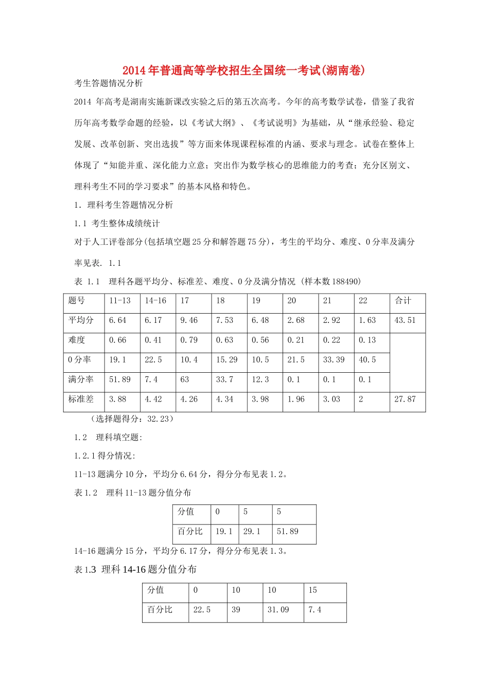 湖南省长沙市2015年高三数学 研讨会资料 考生答题情况分析_第1页