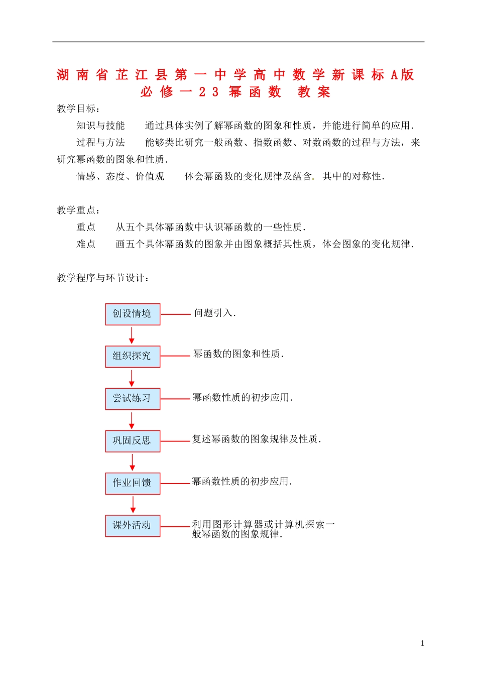 湖南省芷江县第一中学2014高中数学 2 3 幂函数教案 新人教A版必修1_第1页