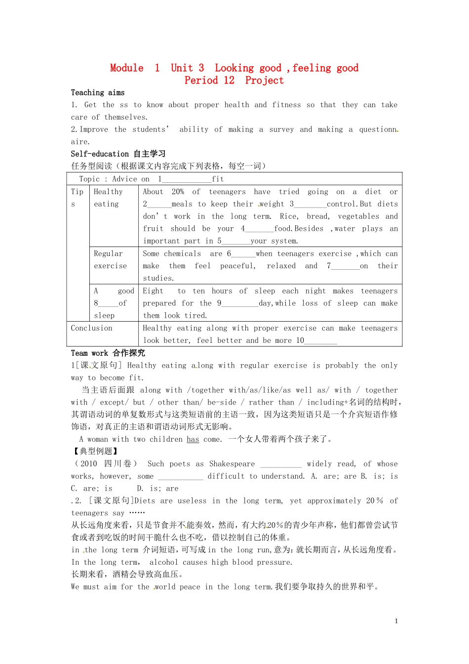湖南省隆回县第二中学高中英语 Module 1 Unit3 Looking good ,feeling good Period12导学案 牛津译林版必修1_第1页