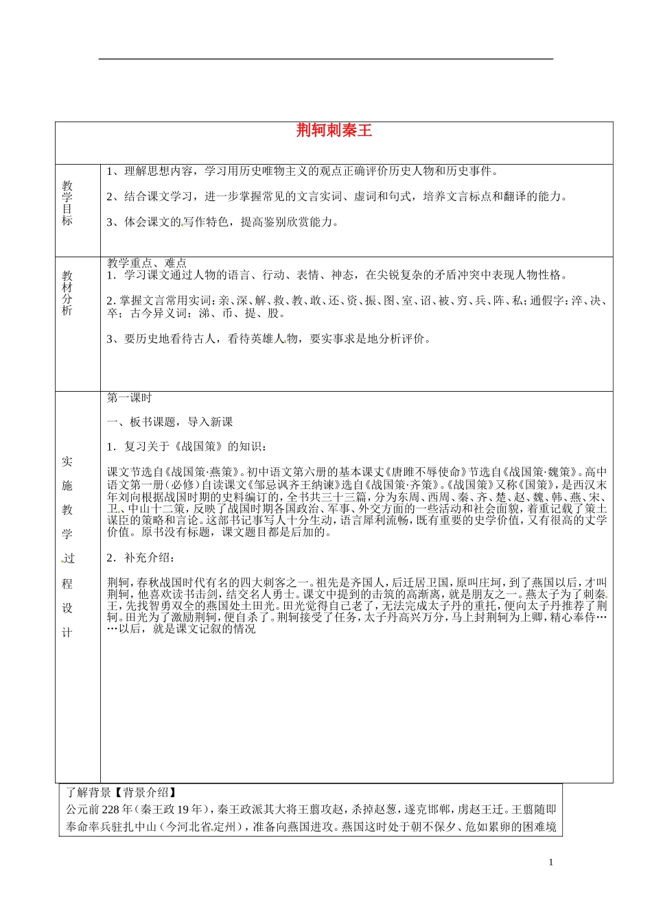 湖南省长沙市美术学校高中语文 5 荆轲刺秦王教学案1 新人教版必修1_第1页
