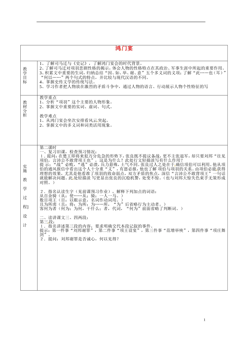 湖南省长沙市美术学校高中语文 6 鸿门宴教学案2 新人教版必修1_第1页