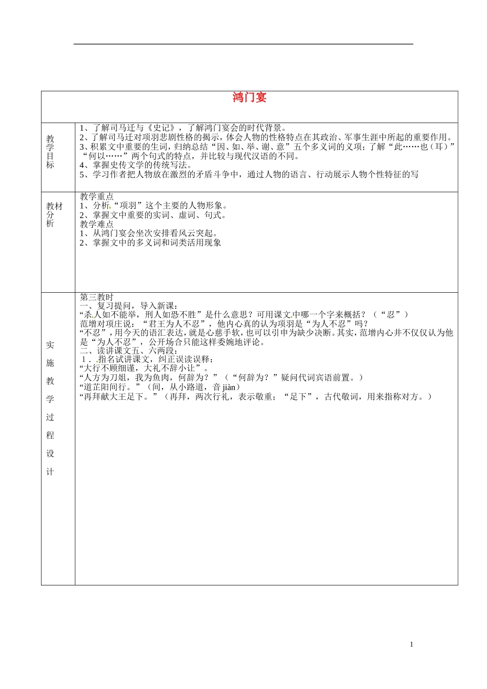 湖南省长沙市美术学校高中语文 6 鸿门宴教学案3 新人教版必修1_第1页