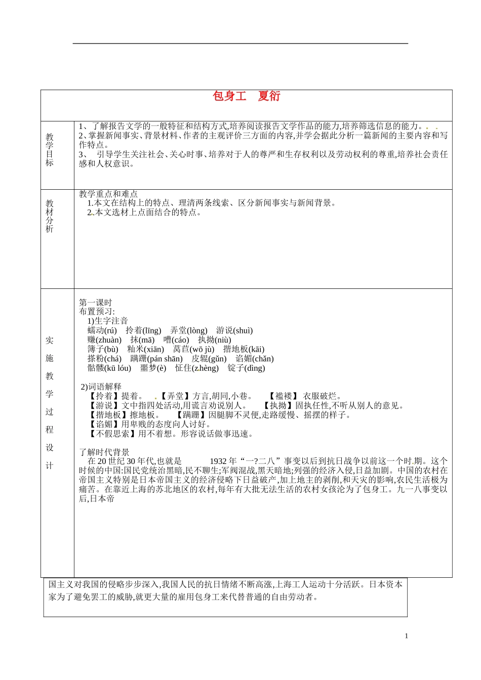 湖南省长沙市美术学校高中语文 10 包身工教学案1 新人教版必修1_第1页