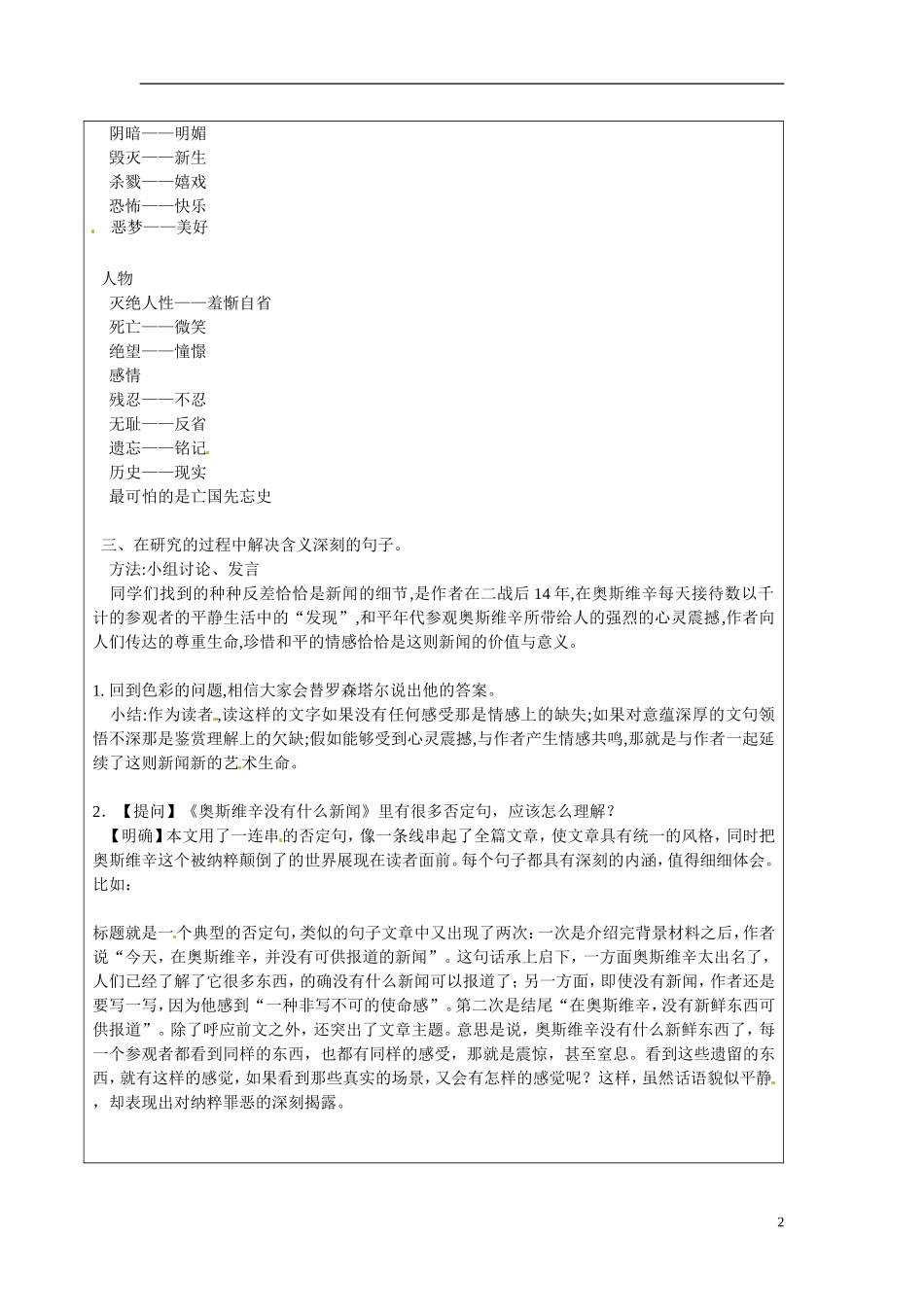 湖南省长沙市美术学校高中语文 11 奥斯维辛没有什么新闻教学案 新人教版必修1 _第2页