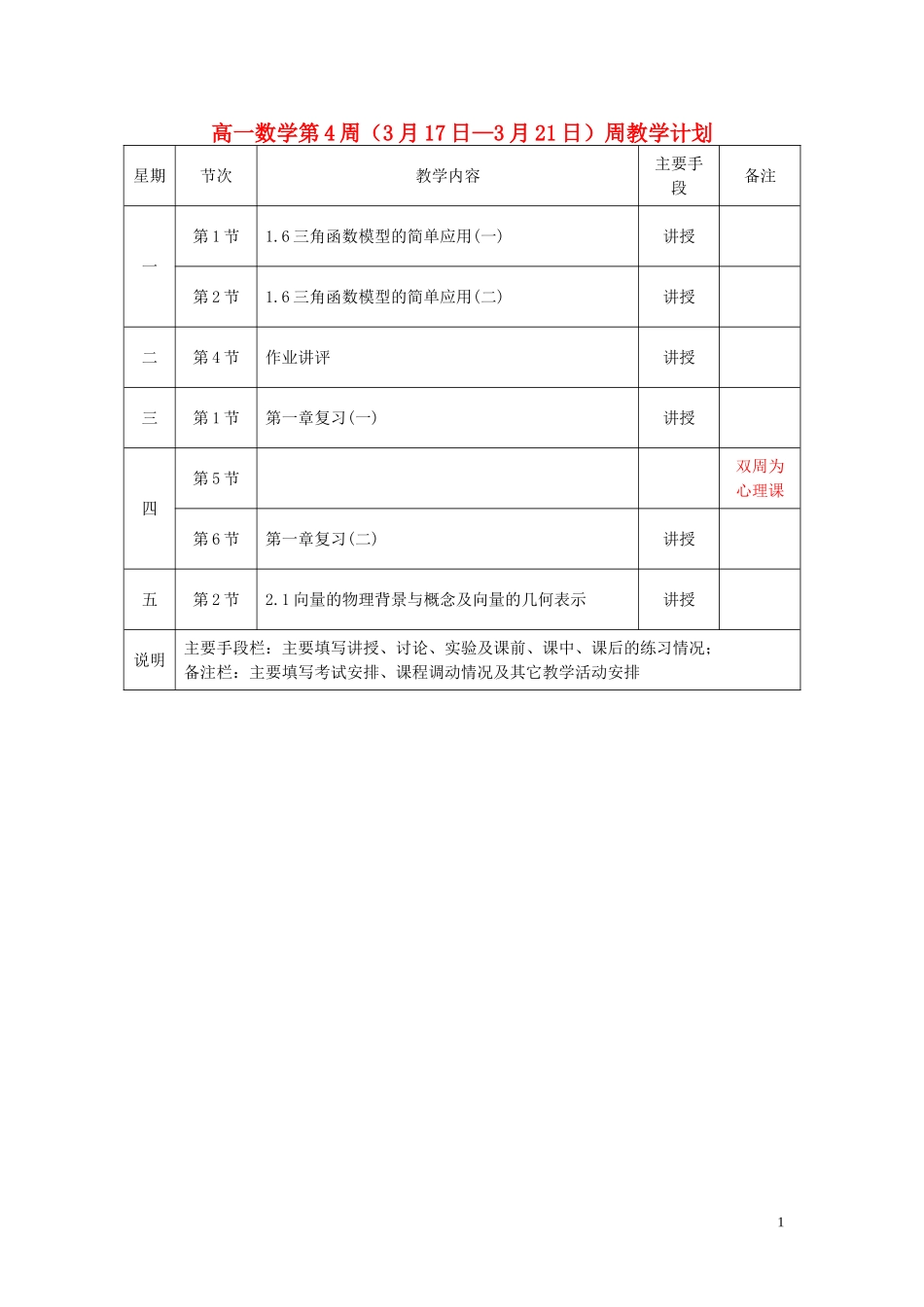湖南省长沙市一中高中数学 第4周（3月17日—3月21日）周教学计划教案 新人教A版必修4_第1页