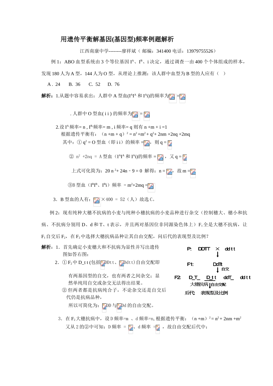 生物用遗传平衡解基因(基因型)频率例题解析 人教版_第1页