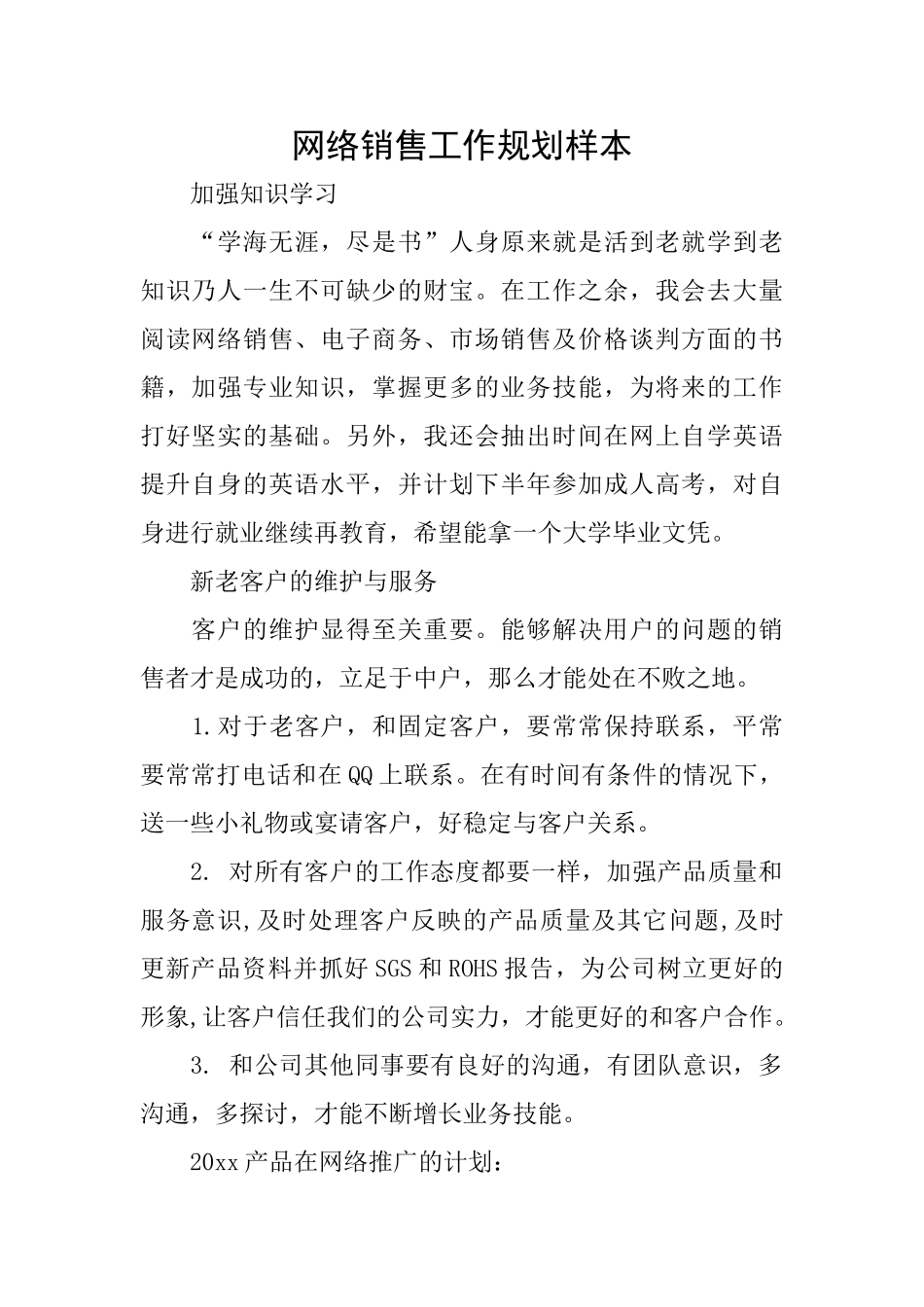 网络销售工作规划样本_第1页