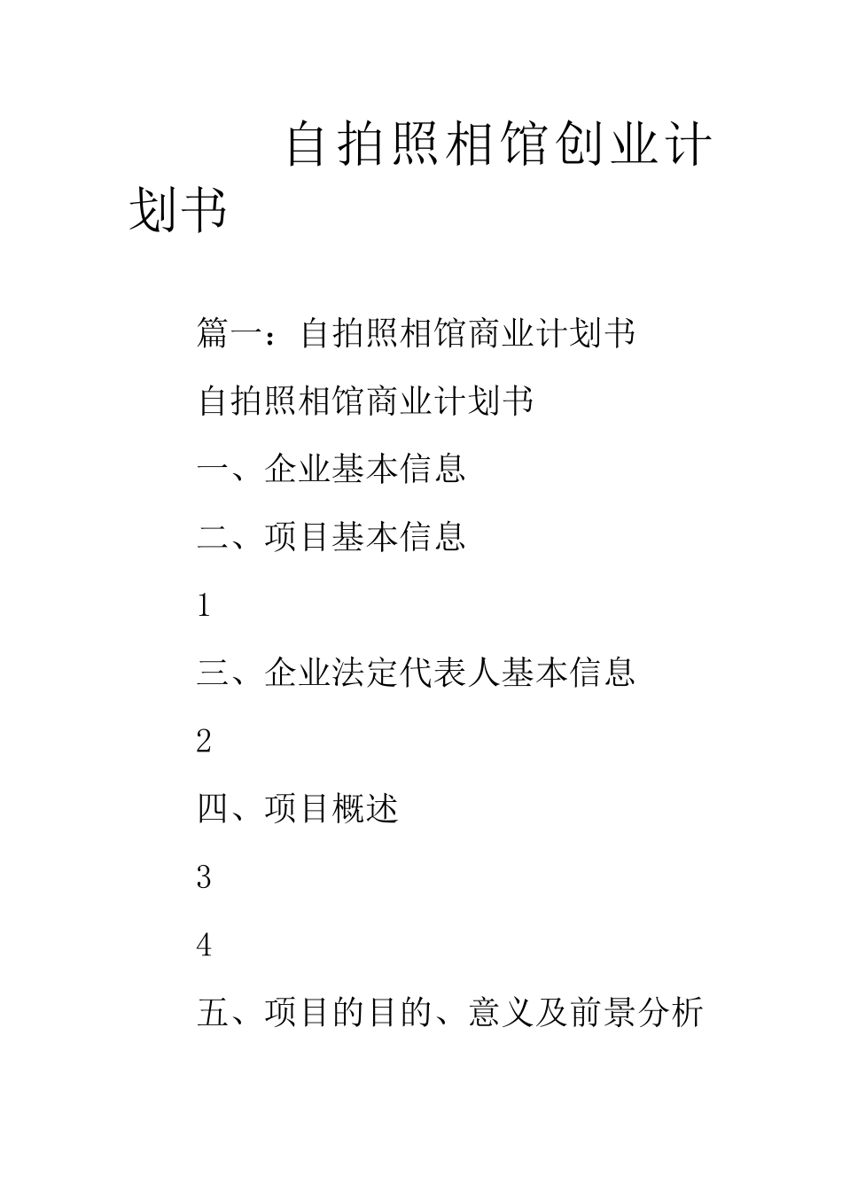 自拍照相馆创业计划书_第1页