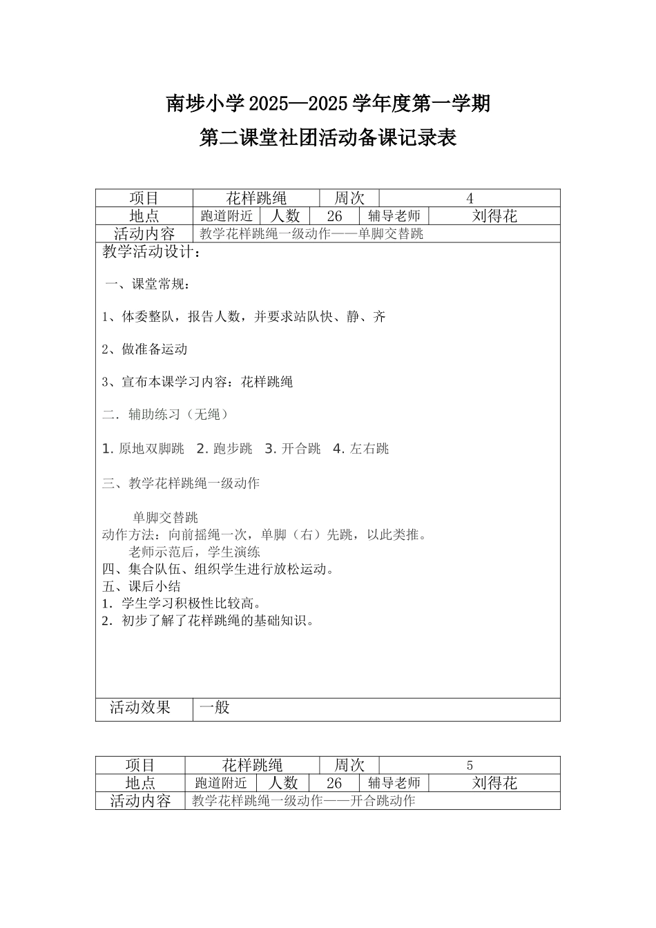 花样跳绳第二课堂备课记录本表_第1页