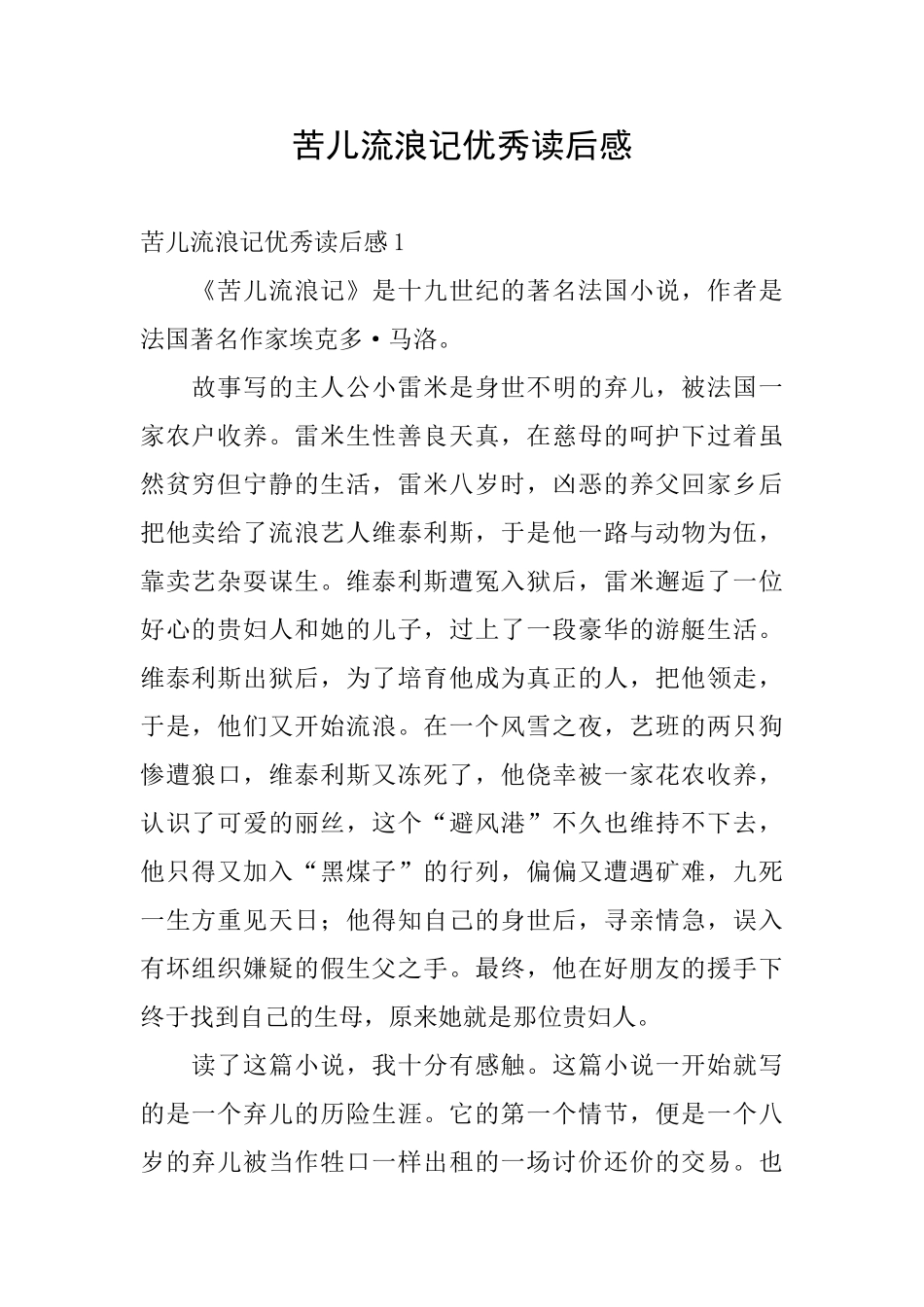 苦儿流浪记优秀读后感_第1页