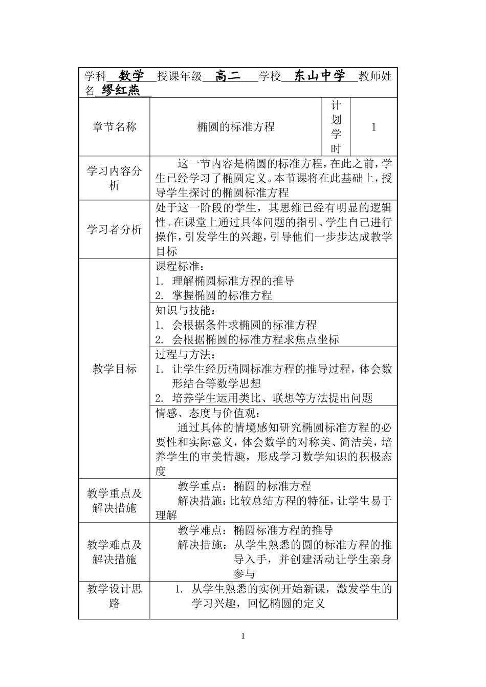 苏教版数学选修1-1椭圆的标准方程教案（苏教版选修1—1和1—2通用）上学期_第1页