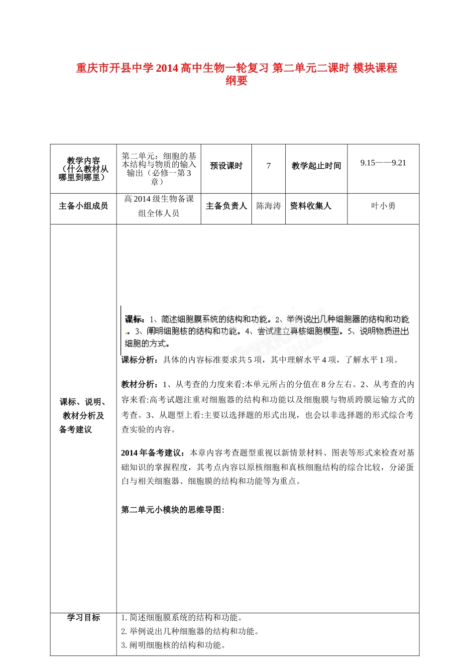 重庆市开县中学2014高三生物一轮复习 第二单元二课时 模块课程纲要_第1页