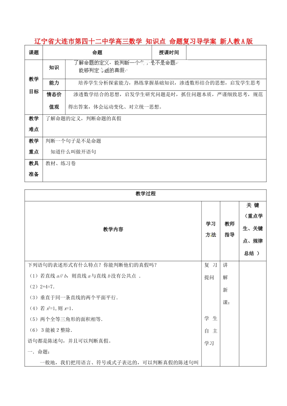 辽宁省大连市第四十二中学高三数学 知识点 命题复习导学案 新人教A版_第1页