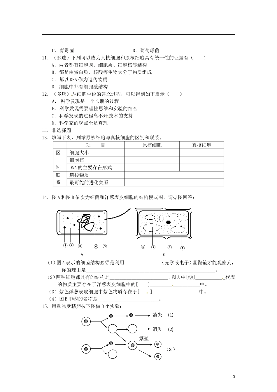 辽宁省海城市牛庄高级中学2013-2014学年高中生物 1.2《细胞的多样性的统一性》学案 新人教版必修1 _第3页