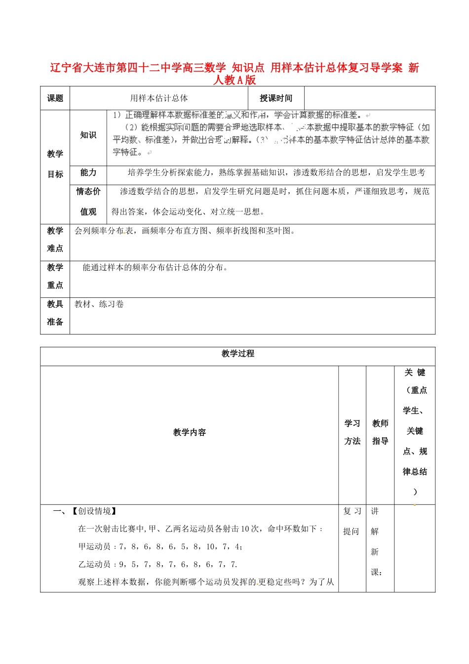 辽宁省大连市第四十二中学高三数学 知识点 用样本估计总体复习导学案 新人教A版_第1页
