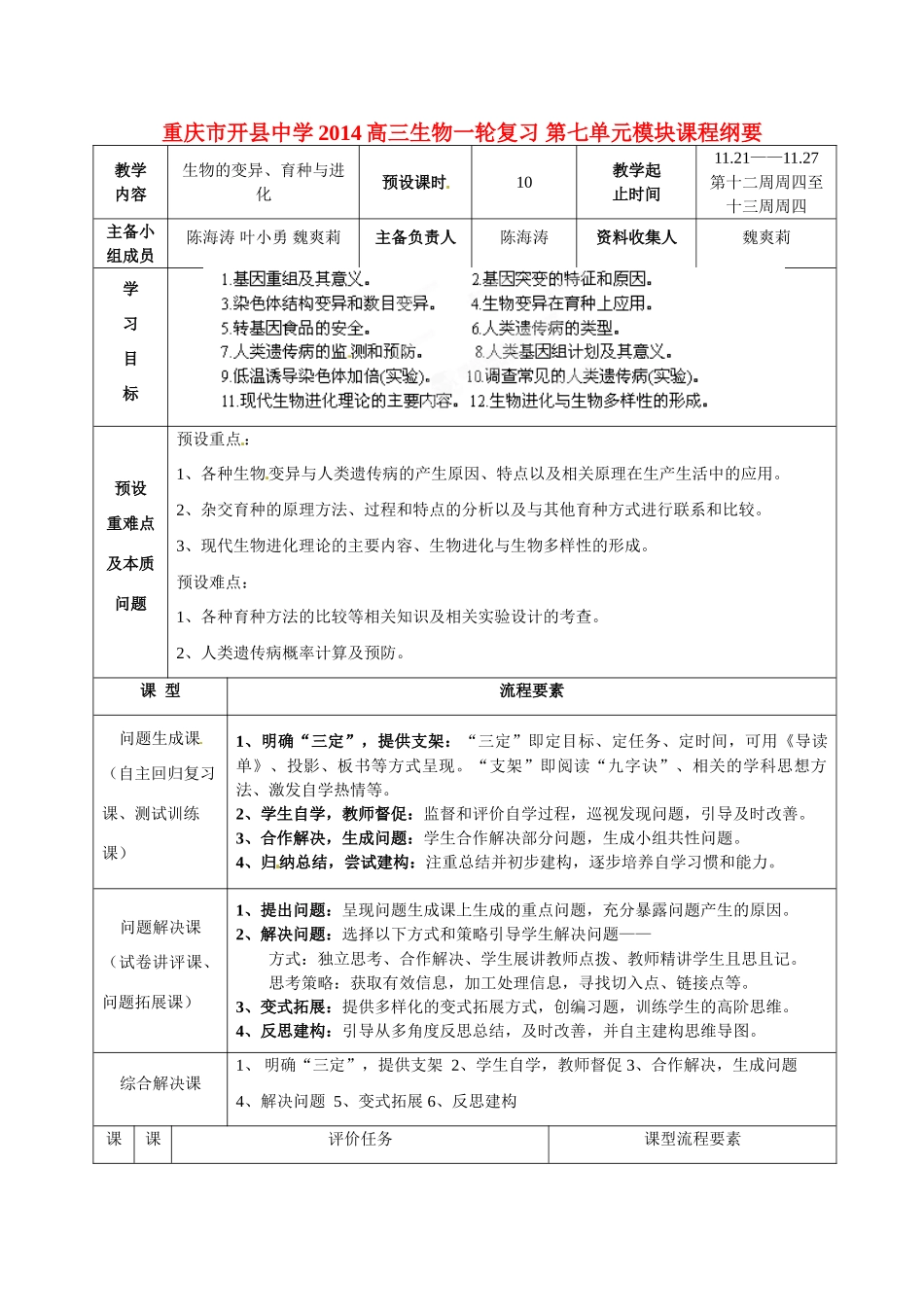 重庆市开县中学2014高三生物一轮复习 第七单元模块课程纲要_第1页